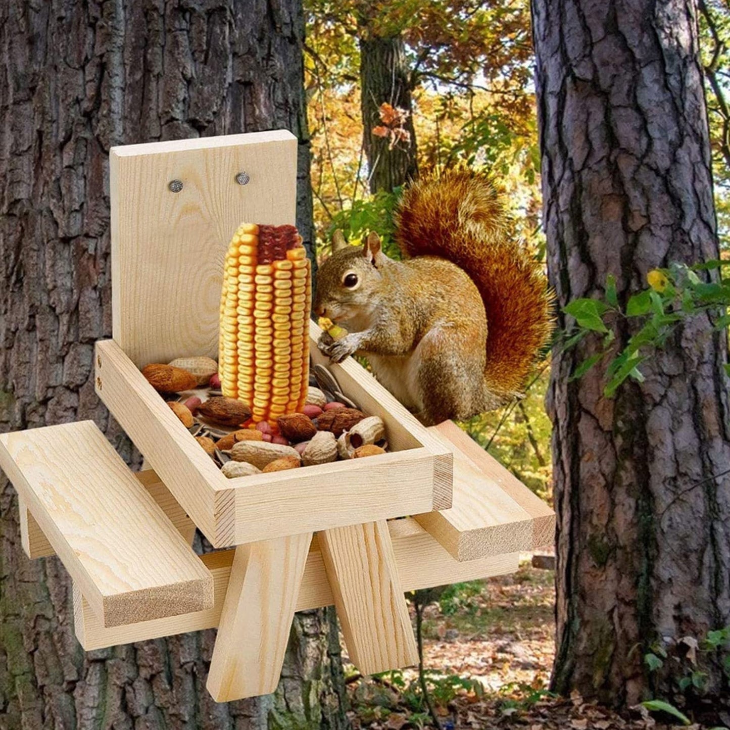 Squirrel Picnic Feeder Bench with Corn Cobs Holder for Backyard Garden