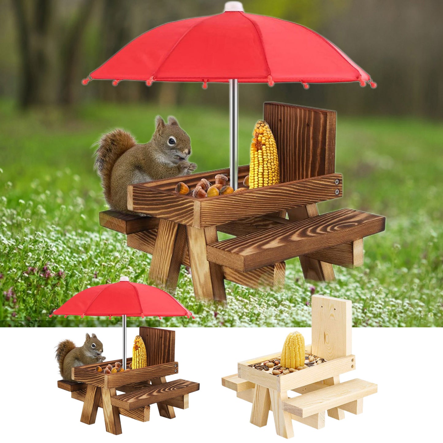 Squirrel Picnic Feeder Bench with Corn Cobs Holder for Backyard Garden
