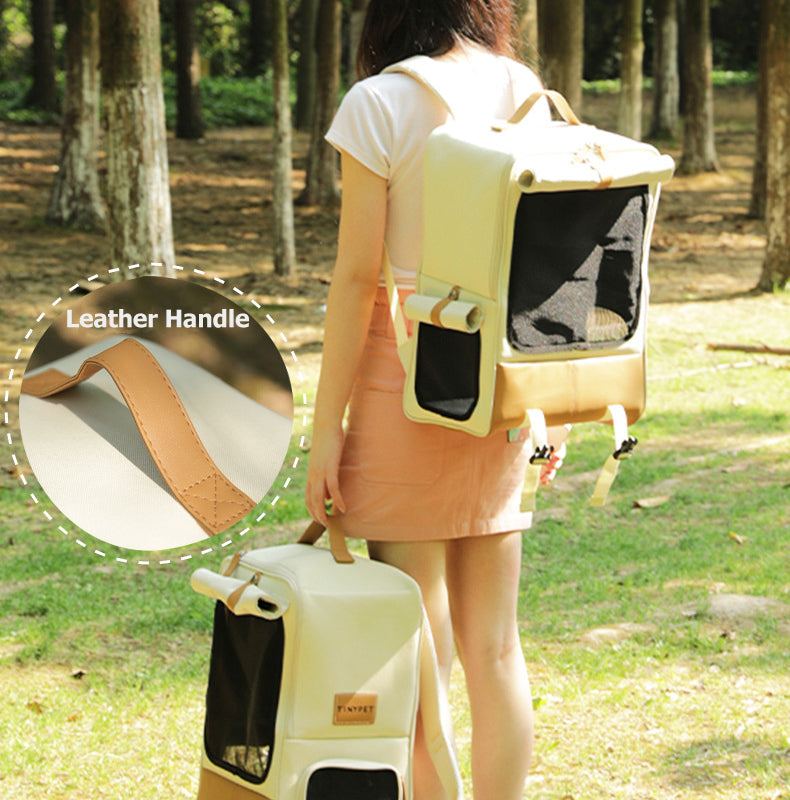 Cat Backpack Carrier, Large Pet Travel Bag with Window, Washable, Beige