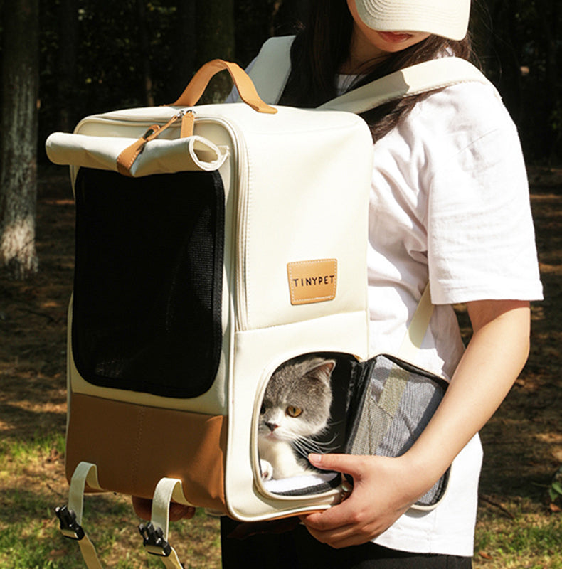 Cat Backpack Carrier, Large Pet Travel Bag with Window, Washable, Beige