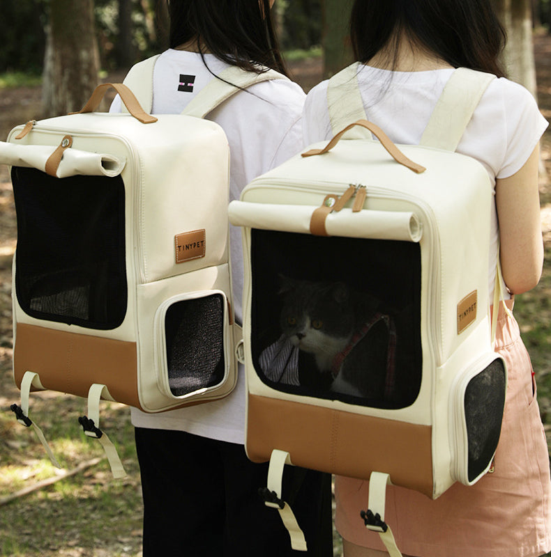 Cat Backpack Carrier, Large Pet Travel Bag with Window, Washable, Beige