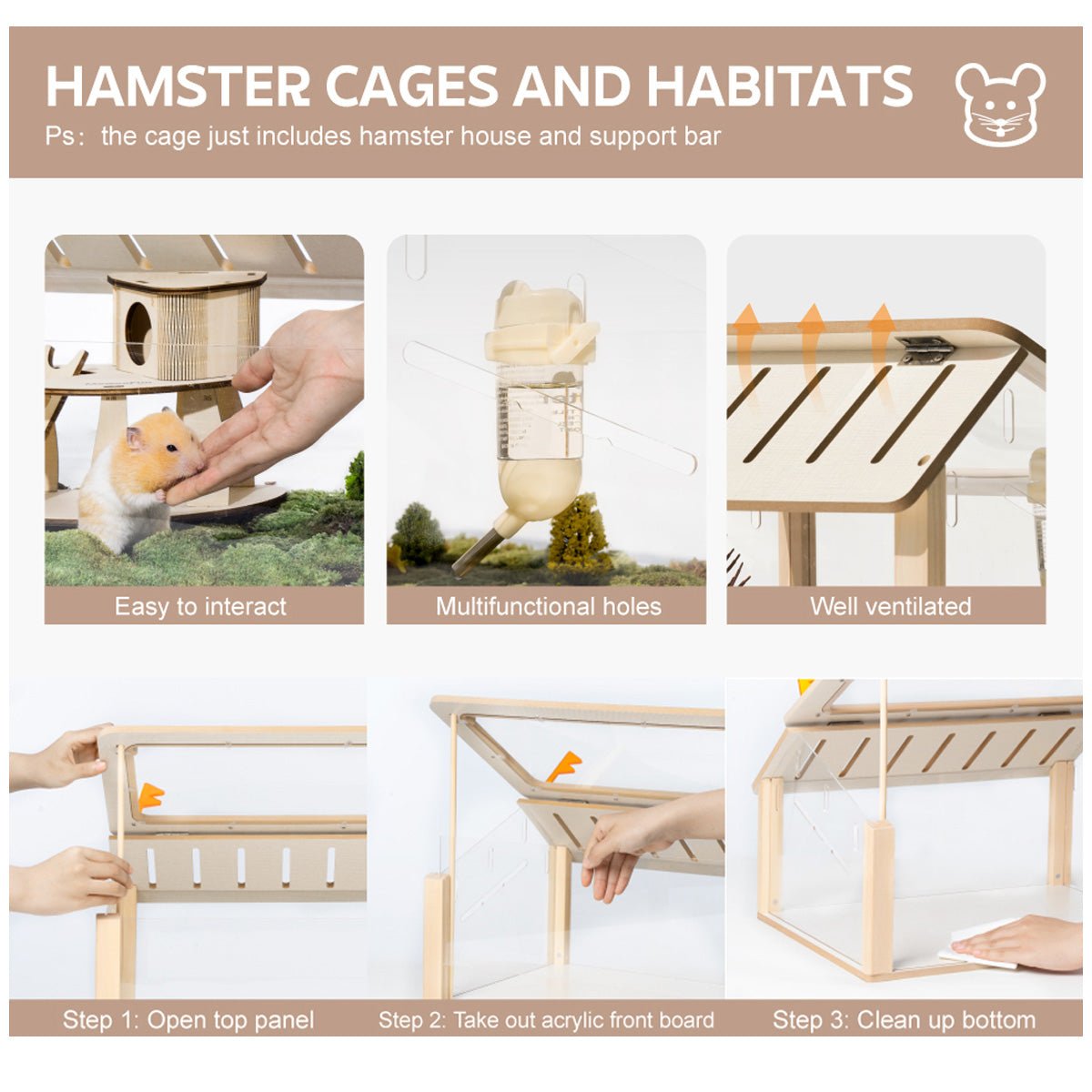 Wooden Hamster Cage Small Animal Acrylic Eco-Friendly Hamster Cage with House Bed