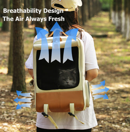 Cat Backpack Carrier, Large Pet Travel Bag with Window, Washable, Beige
