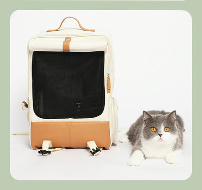 Cat Backpack Carrier, Large Pet Travel Bag with Window, Washable, Beige