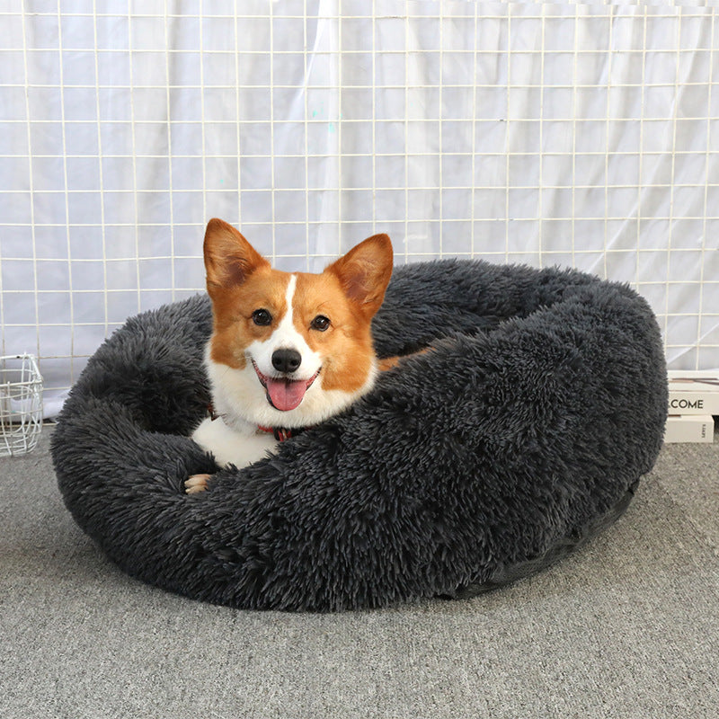 Warm Soft Long Plush Donut Pet Cushion Bed