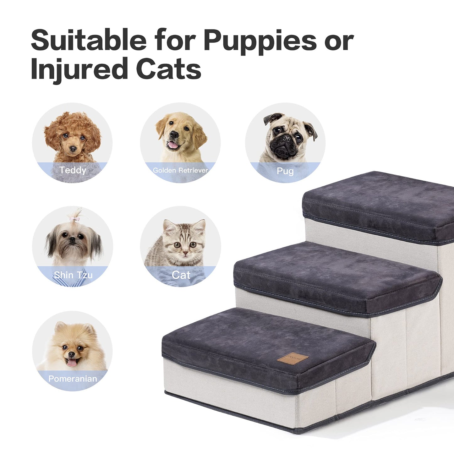 3 Step Folding Dog Step Stairs with 3 Storage Boxes for High Bed & Sofa