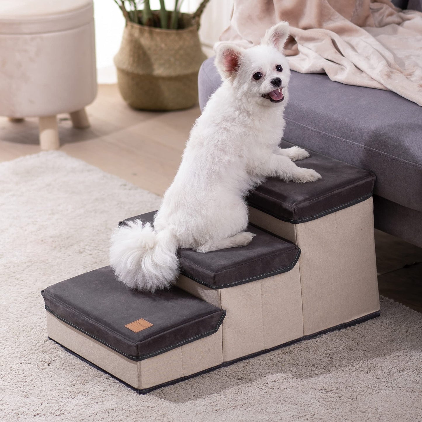 3 Step Folding Dog Step Stairs with 3 Storage Boxes for High Bed & Sofa