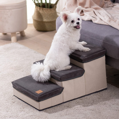 3 Step Folding Dog Step Stairs with 3 Storage Boxes for High Bed & Sofa