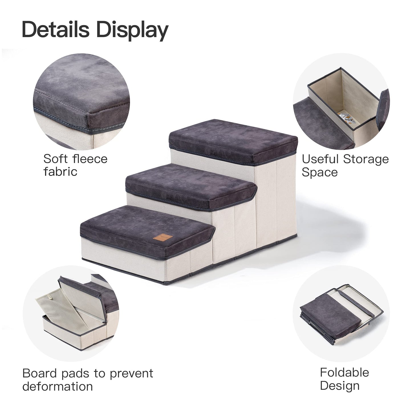 3 Step Folding Dog Step Stairs with 3 Storage Boxes for High Bed & Sofa