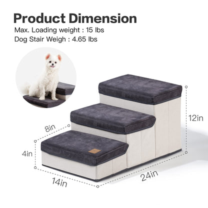 3 Step Folding Dog Step Stairs with 3 Storage Boxes for High Bed & Sofa